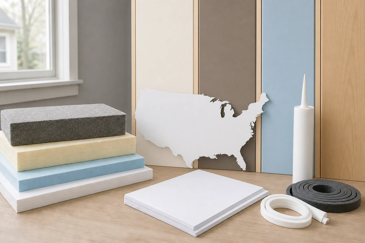 Insulation board samples, air-sealing materials, blank documents, and a blank United States reference card are arranged for neutral project planning.