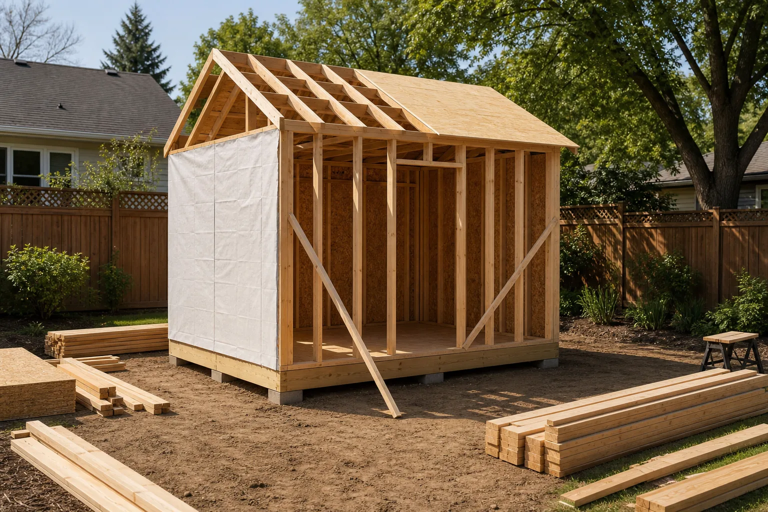 A backyard shed under construction has a raised floor, braced wall framing, partial roof sheathing, and staged lumber.