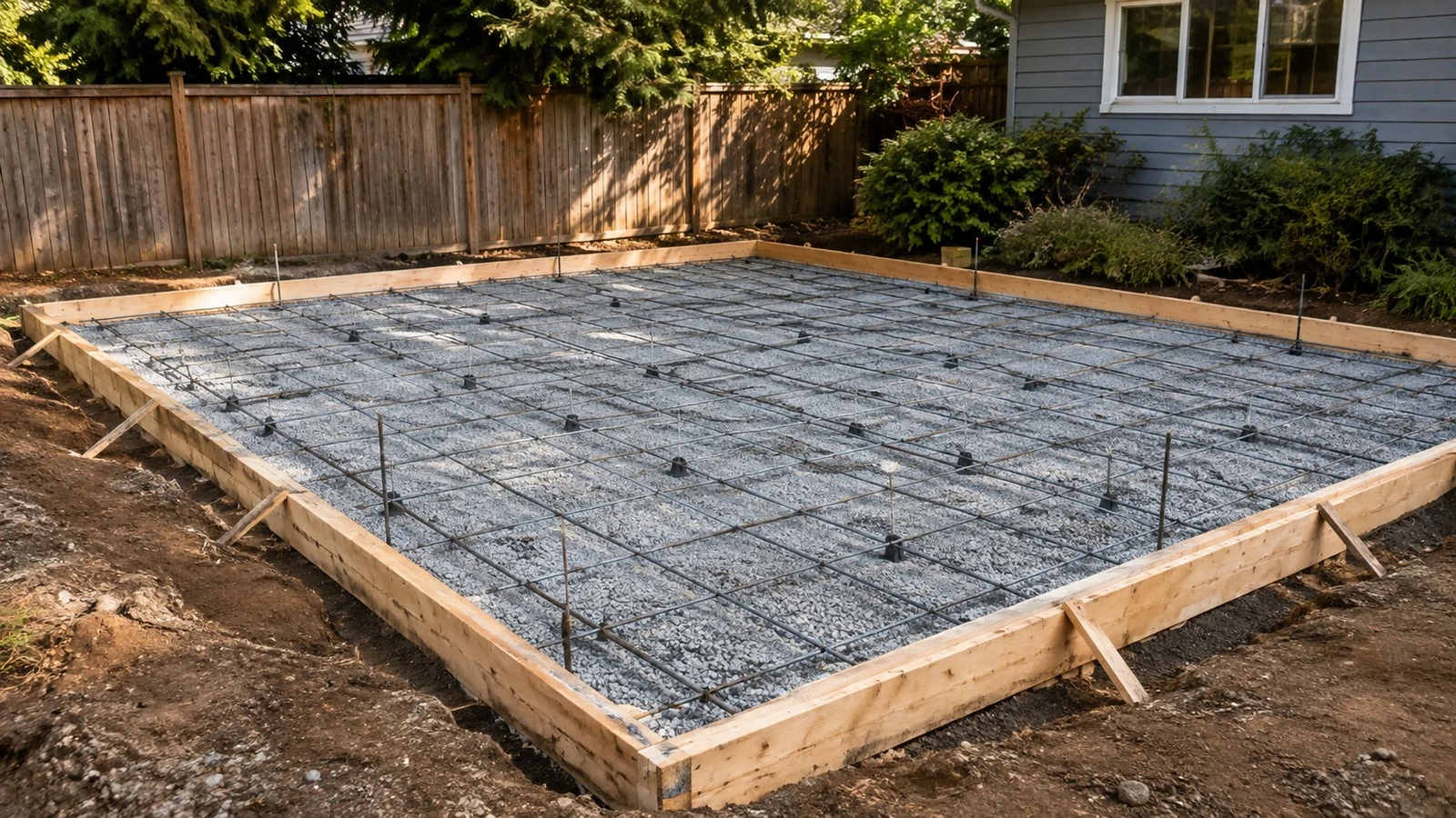 Prepared rectangular residential slab form with compacted base and reinforcement ready for concrete placement.