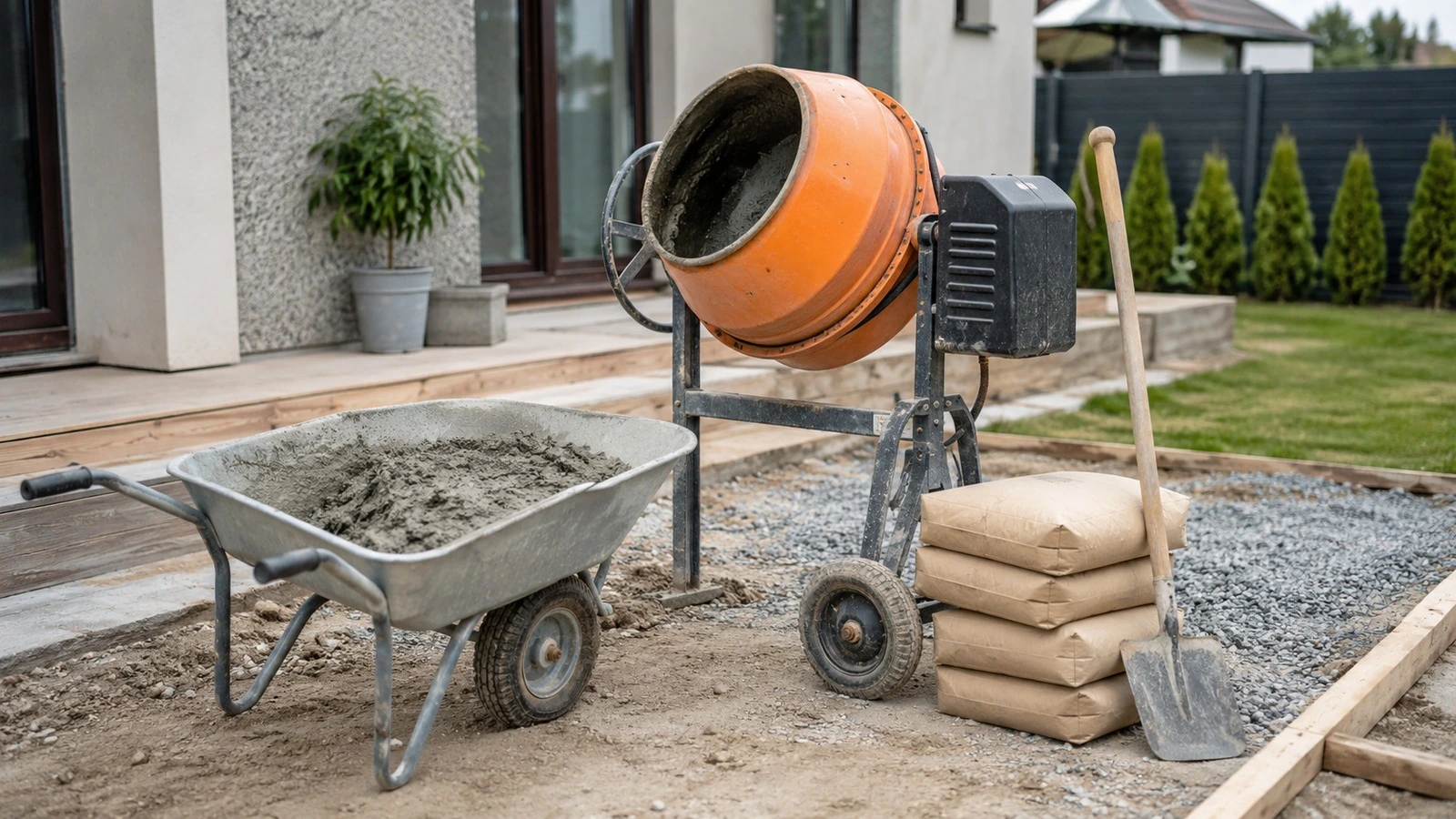 Portable concrete mixer and wheelbarrow staged on a clean residential work area for small-batch mixing.