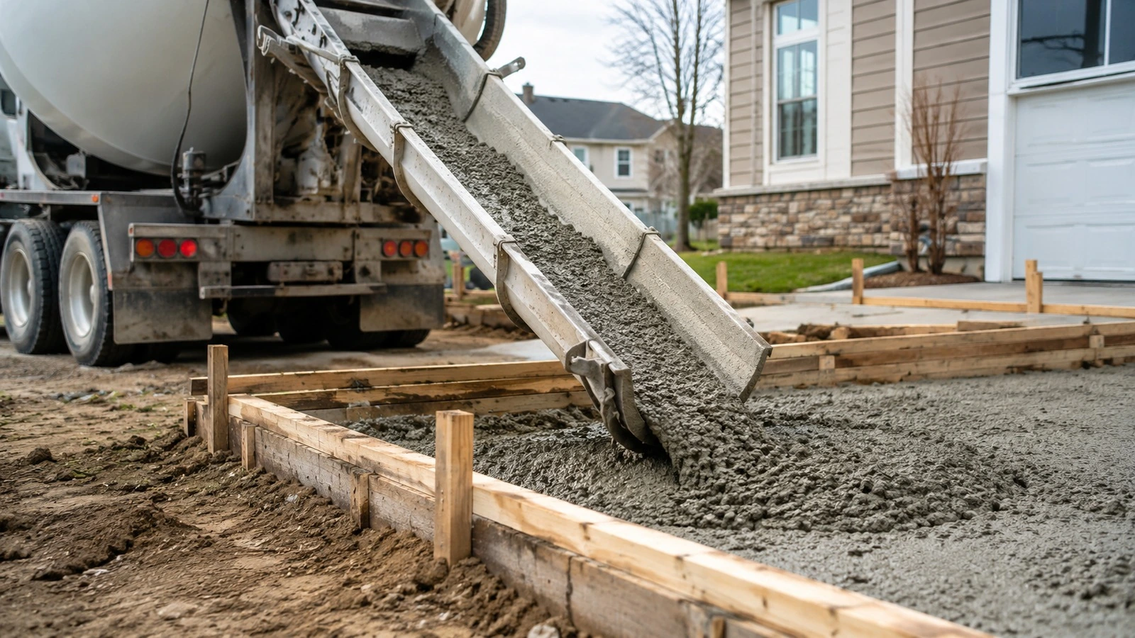 Ready-mix truck chute positioned beside a residential placement area.