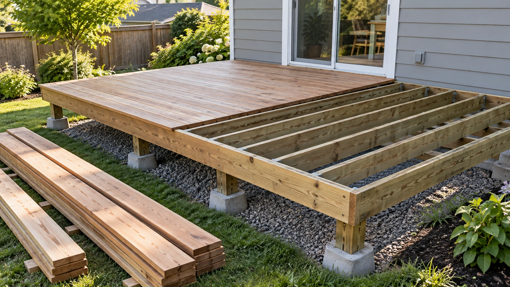 Partially decked residential backyard structure with exposed joists and long unbranded deck boards staged beside the work area.