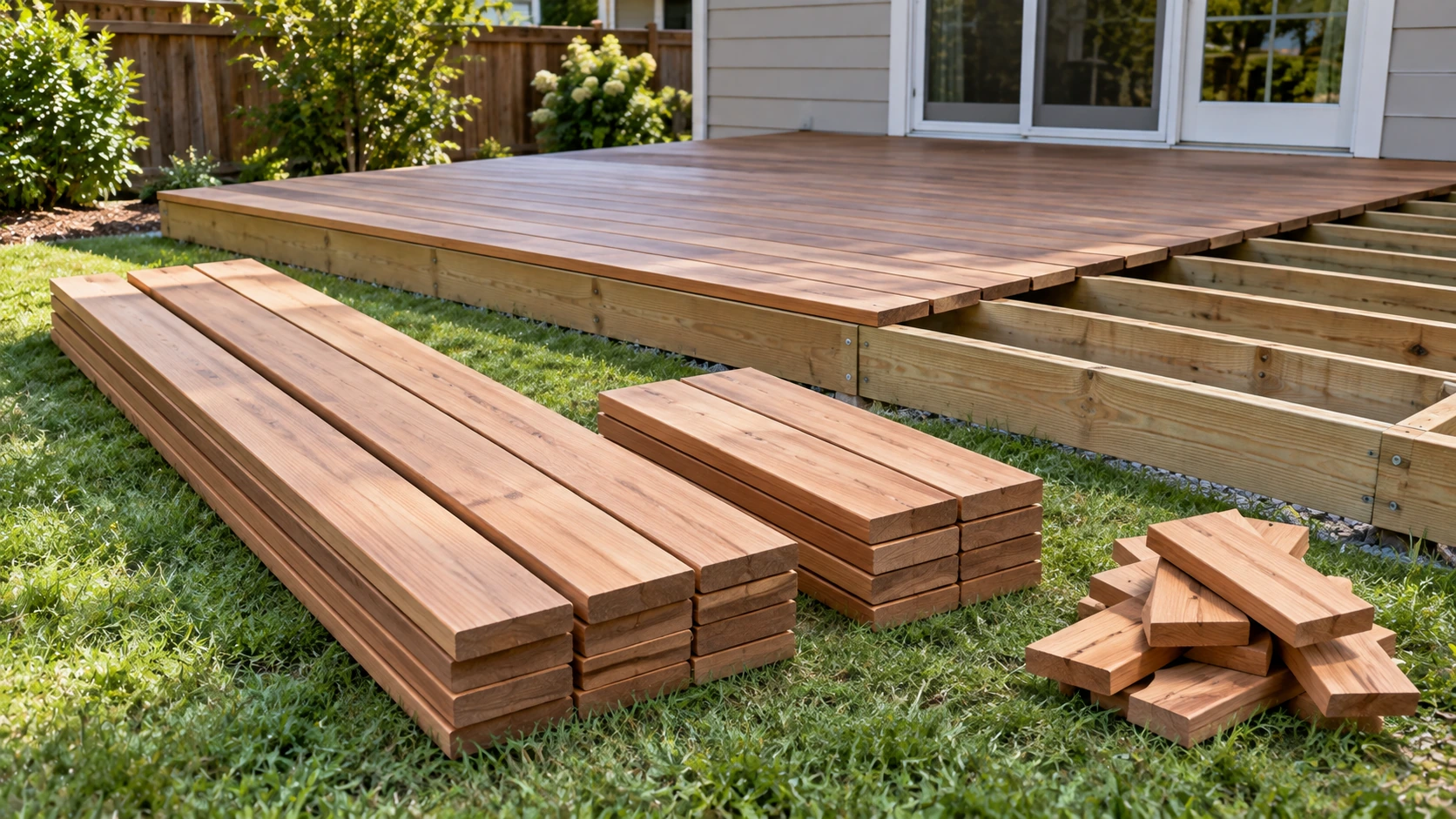 Long deck boards, shorter stock boards, and a separate pile of offcuts staged beside a partially completed residential deck.