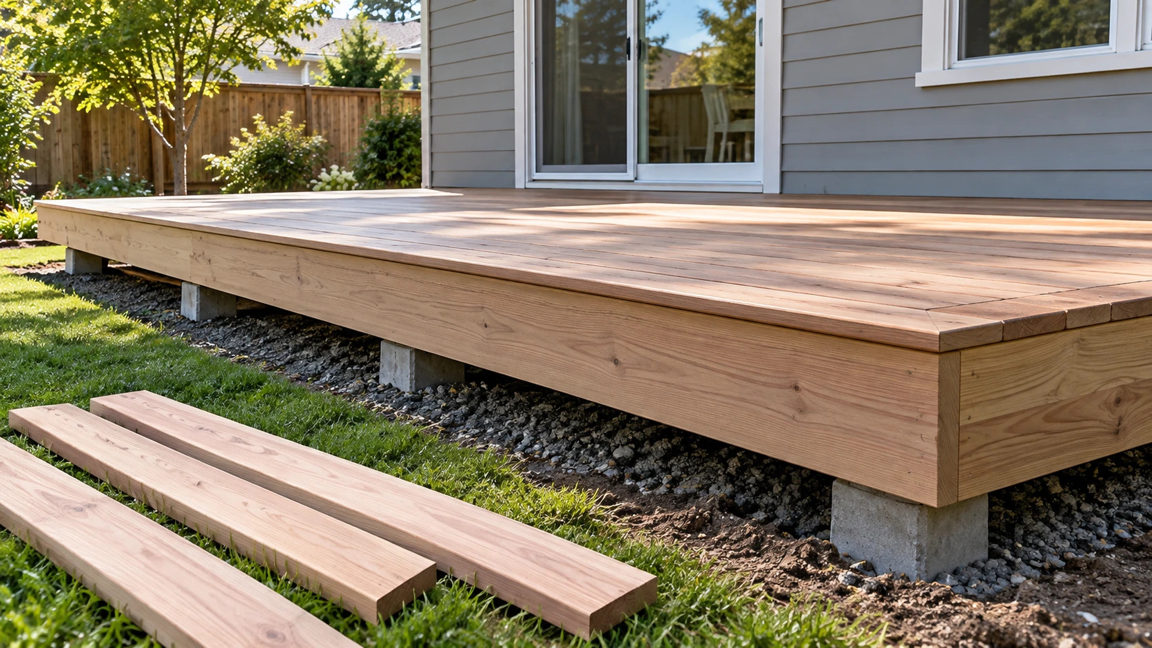 Finished low deck edge with fascia installed around the exposed perimeter and spare fascia-length boards staged nearby.
