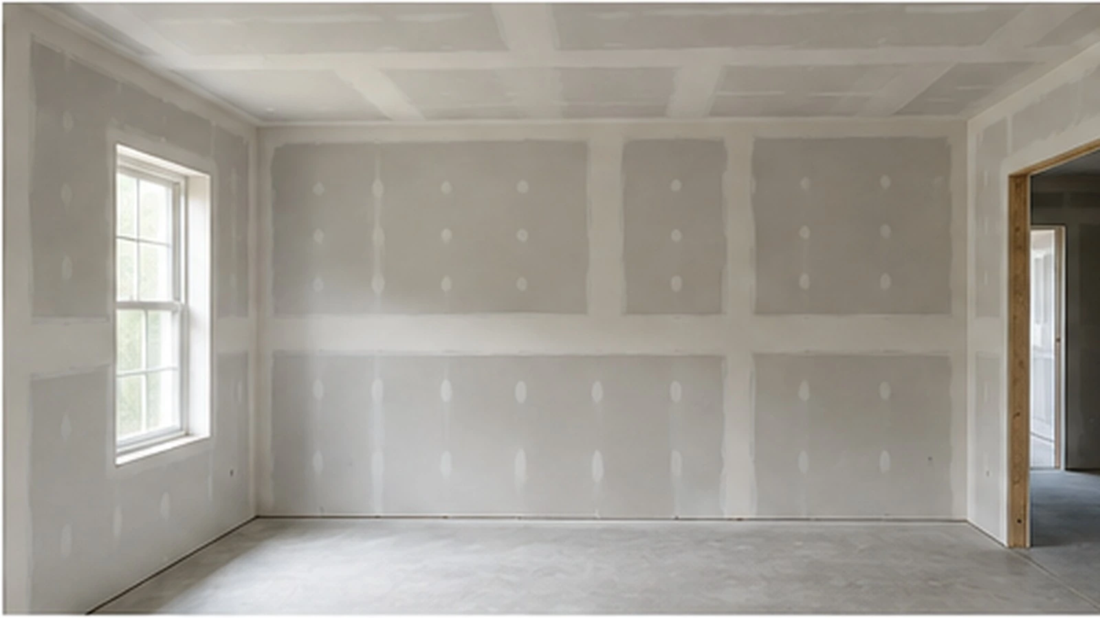 Residential room with newly installed drywall showing wall and ceiling joints before final sanding and paint.