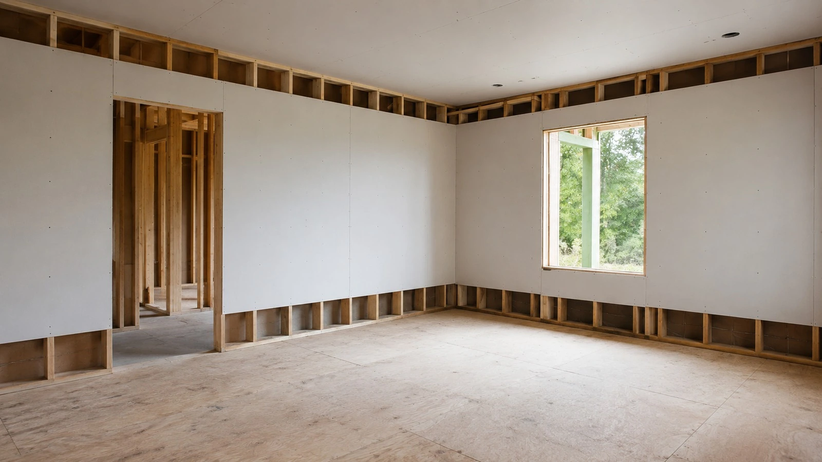 Habitación residencial rectangular preparada para el cómputo de drywall, con superficies de paredes y techo y aberturas de puerta y ventana claramente visibles.