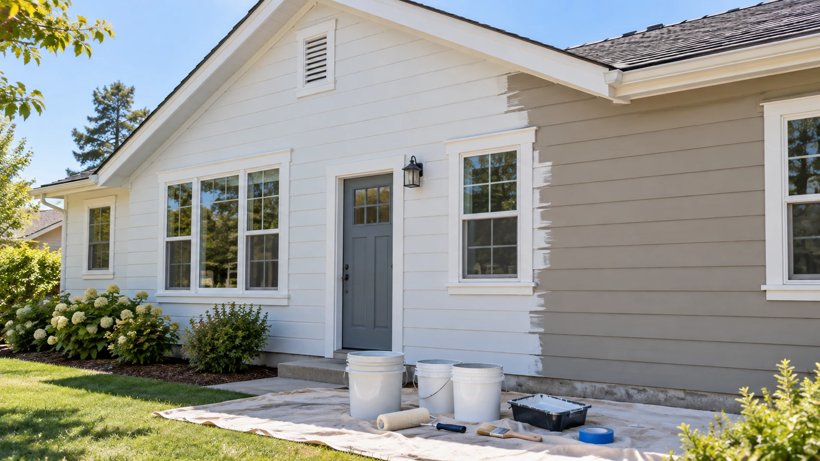 Partially repainted single-story house exterior with unbranded paint supplies staged on a protected ground area.