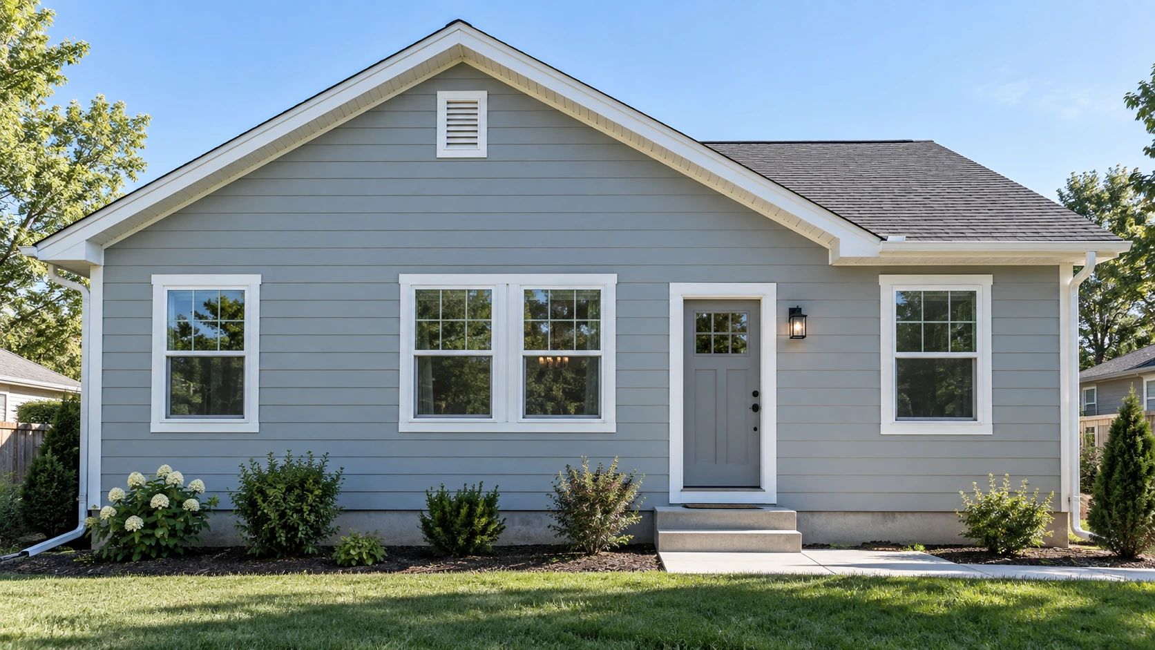 Front elevation of a single-story gable house showing the rectangular wall body, triangular gable, door, and window openings.