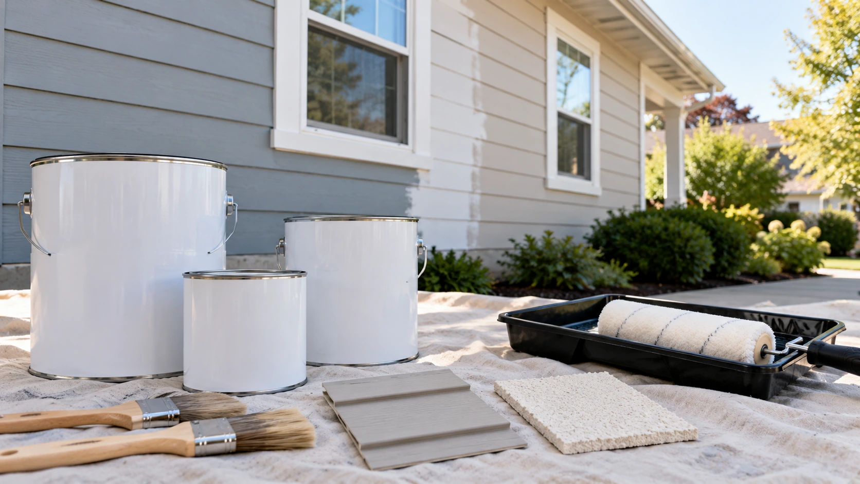 Unbranded exterior paint and primer containers, rollers, brushes, siding, and a textured surface sample staged separately for a coating takeoff.