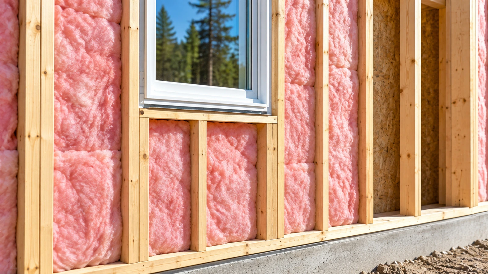 Close-up exterior wall scene showing a shallower 2×4-style cavity with pink unfaced fiberglass batt insulation fitted neatly around a window opening and an adjacent empty bay left visible.
