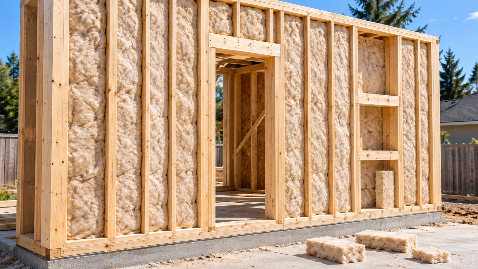 Exterior wall scene showing a deeper 2×6-style cavity filled with unfaced fiberglass batts, with a large door opening, a smaller window opening, and a few clean unwrapped offcuts on the slab.