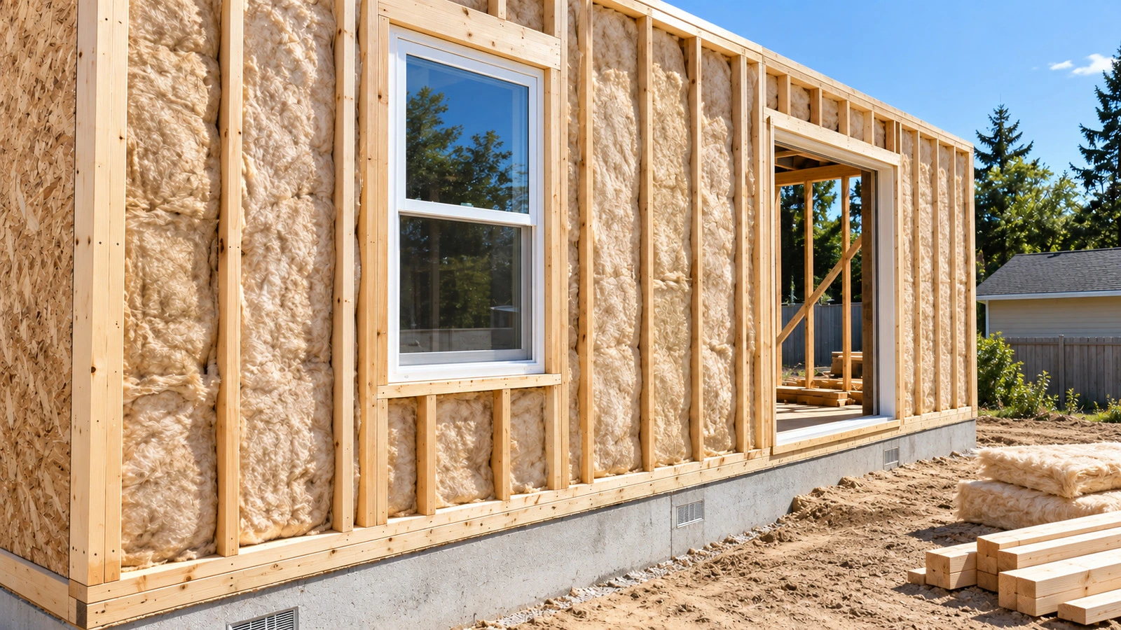 Sunlit exterior wall framing scene with batt insulation already installed in many bays, plus a window opening, a larger wall opening, and a few loose unwrapped batts nearby.