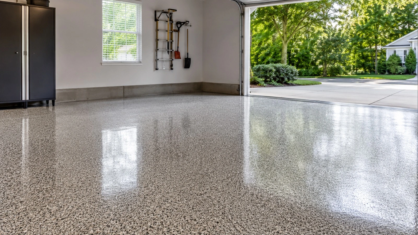 Piso terminado de un garaje residencial con sistema epóxico de escamas discretas y acabado transparente limpio, sin vehículos ni marcas de producto.