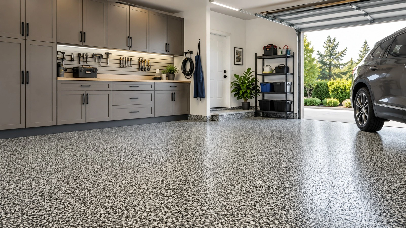 Clean North American residential garage with a finished decorative-flake epoxy floor and no visible product branding.