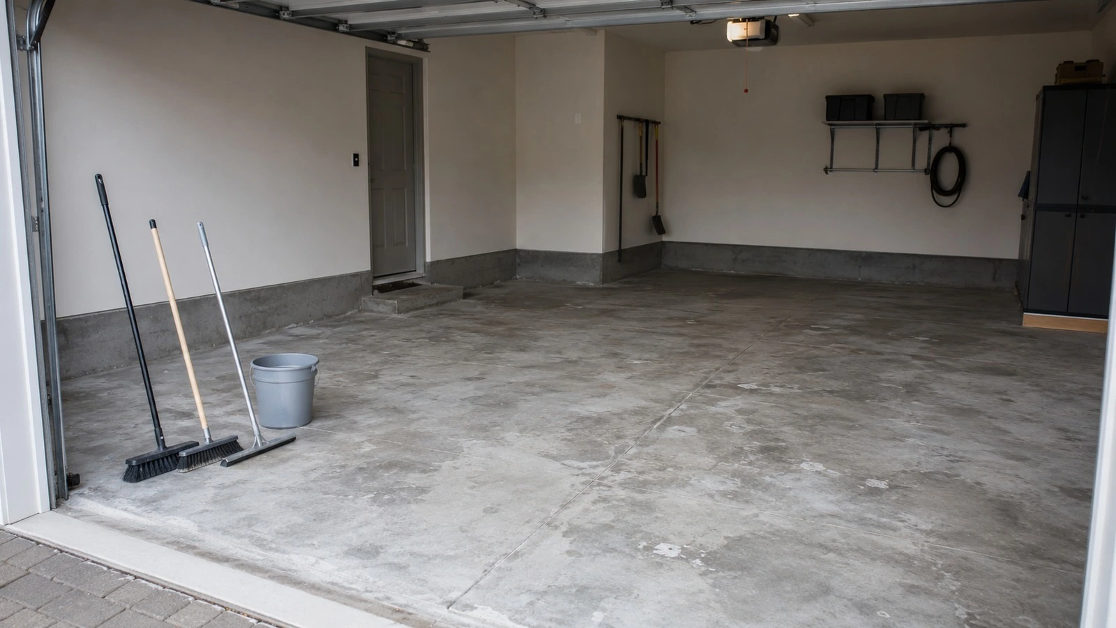 Losa de concreto desnuda preparada para recubrimiento con herramientas sin marca colocadas de forma segura en un garaje residencial limpio.