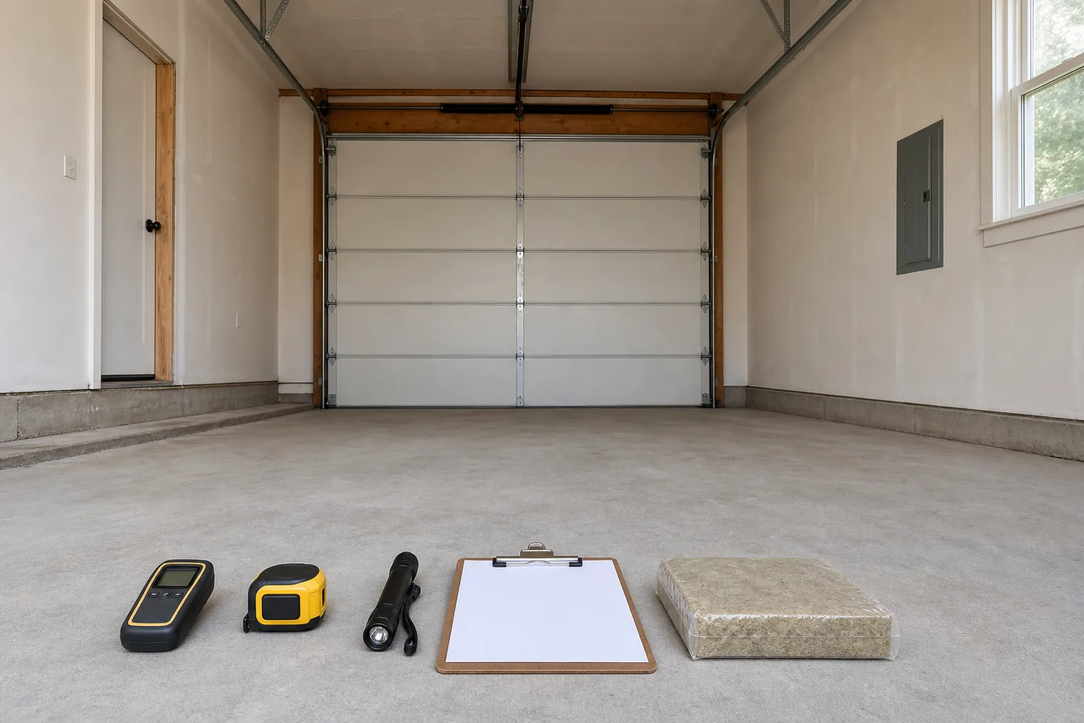 An intact empty garage is assessed before demolition with a closed electrical panel, moisture meter, tape measure, flashlight, blank clipboard, and sealed insulation sample.
