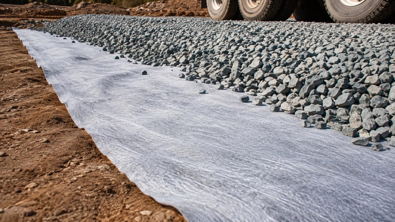 Geotextil separador colocado sobre suelo preparado con agregado angular encima, en el borde de una instalación de base.
