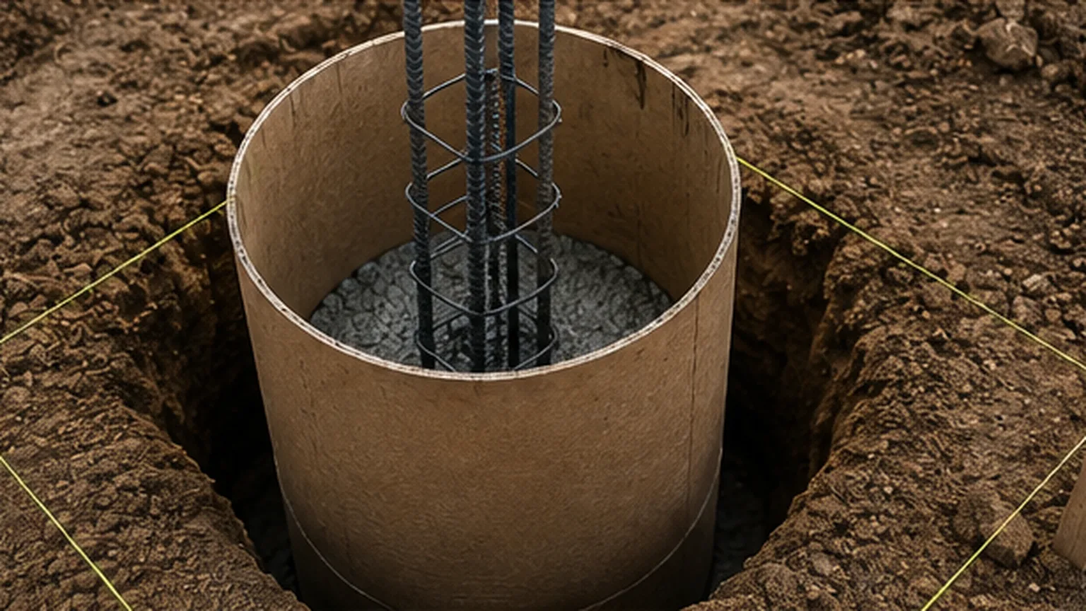 Close view of a round pier form in an excavated hole with a reinforcing-steel cage and layout strings.