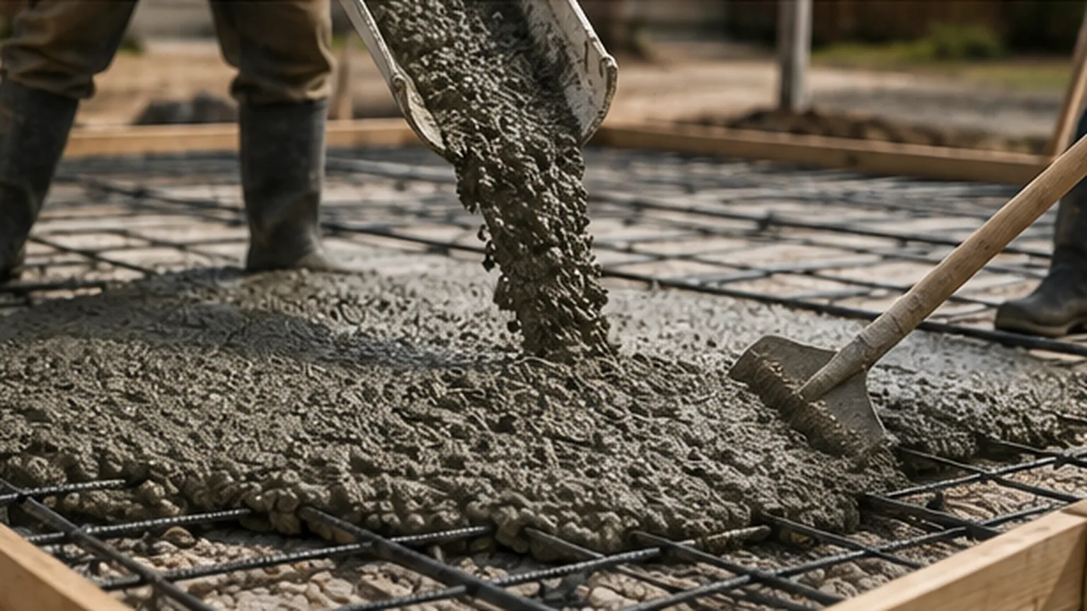 Ready-mix concrete being placed into a reinforced residential slab form.