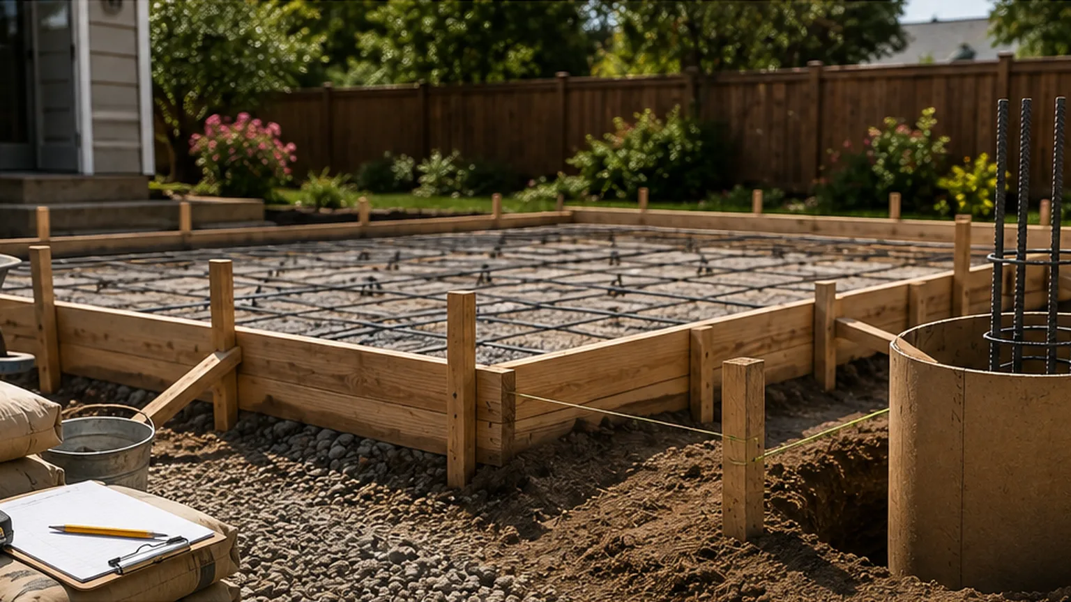 Residential concrete planning area with wood forms, rebar grid, gravel base, and a round pier form.