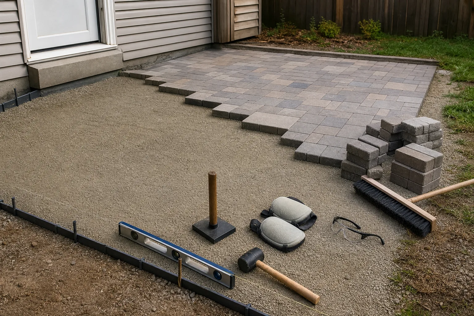 A partially laid pedestrian paver patio shows a prepared work area, loose pavers, edge restraint, and safely staged hand tools.