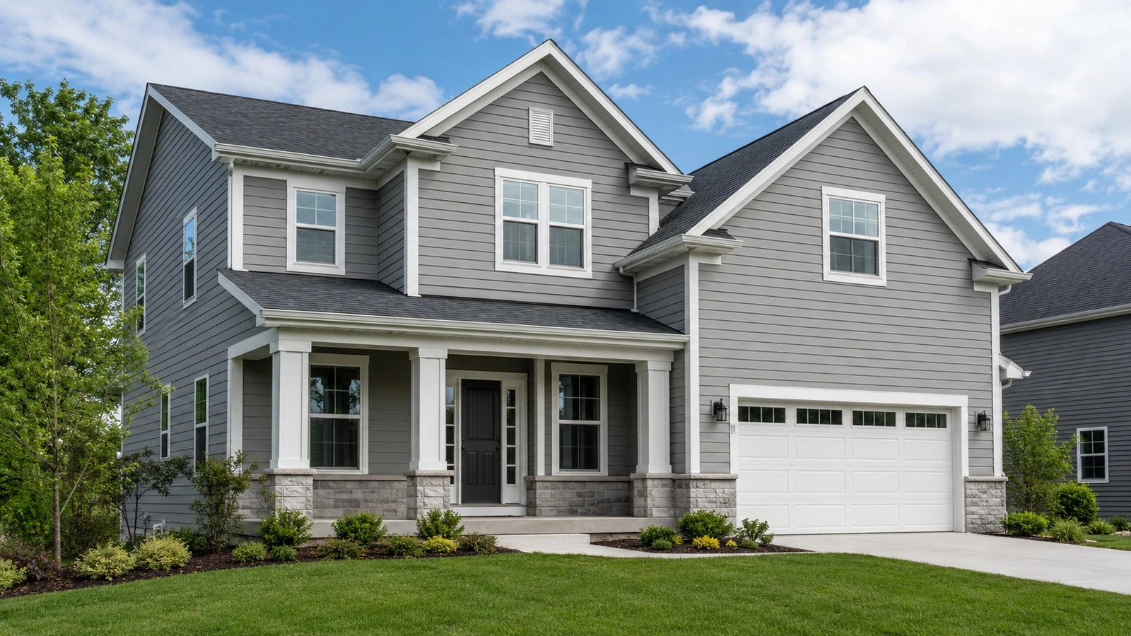 Two-story North American home with gray lap siding, multiple gables, windows, outside corners, and an attached garage.