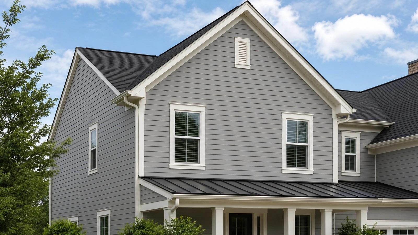 Elevación de una vivienda norteamericana con siding, frontones, ventanas y esquinas exteriores visibles para medir en campo.