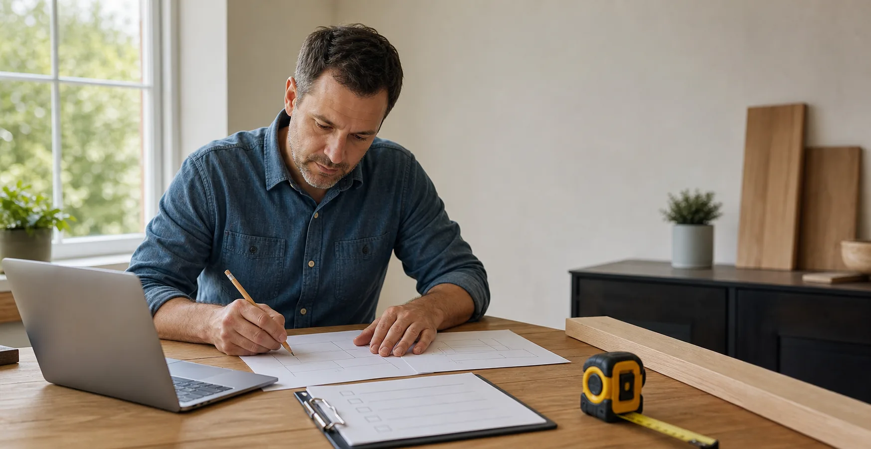 A homeowner sketches project dimensions beside a laptop, tape measure, lumber, and blank material checklist.