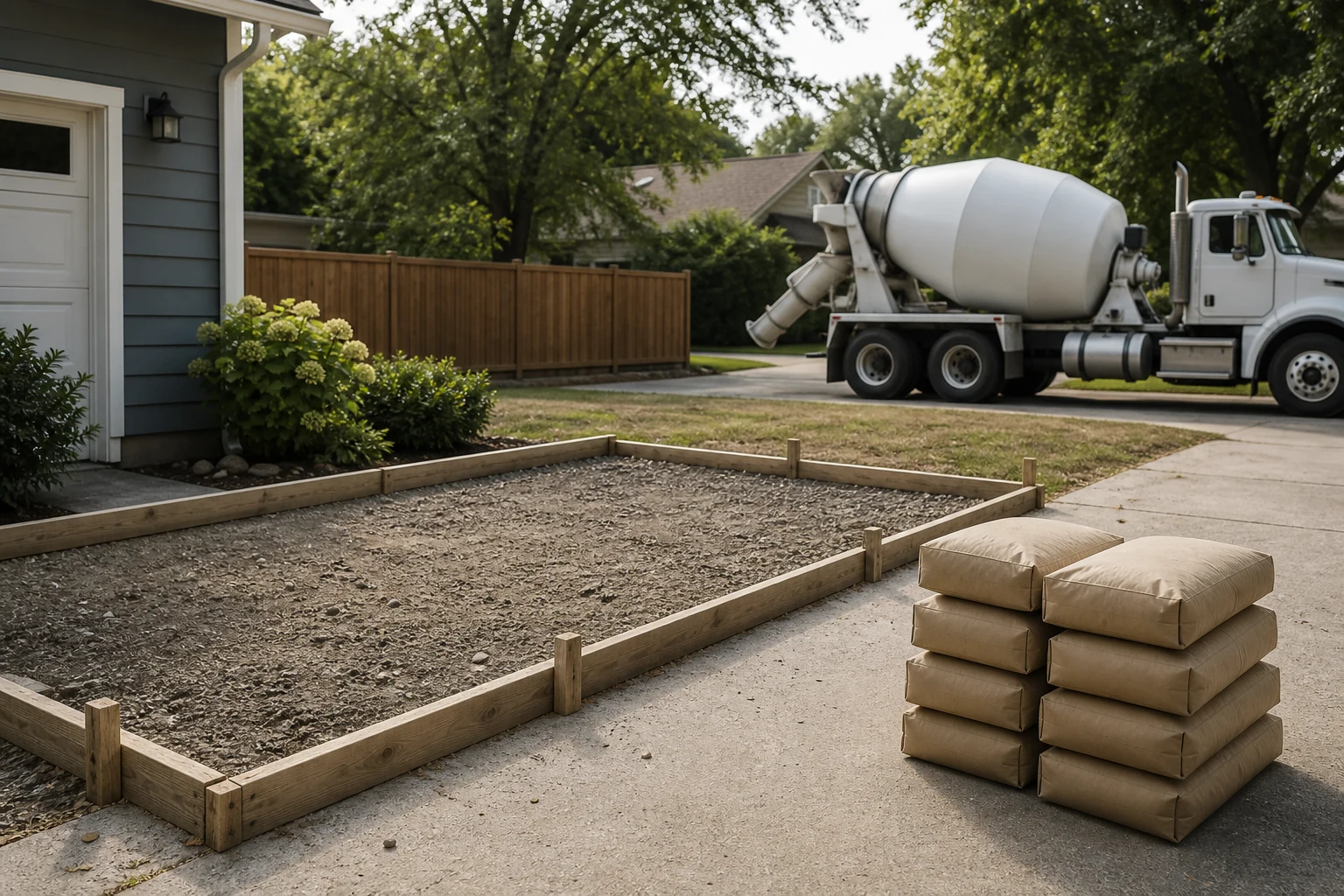 An unfinished residential slab area is reviewed beside unbranded concrete bags and a ready-mix truck in a safe planning scene.