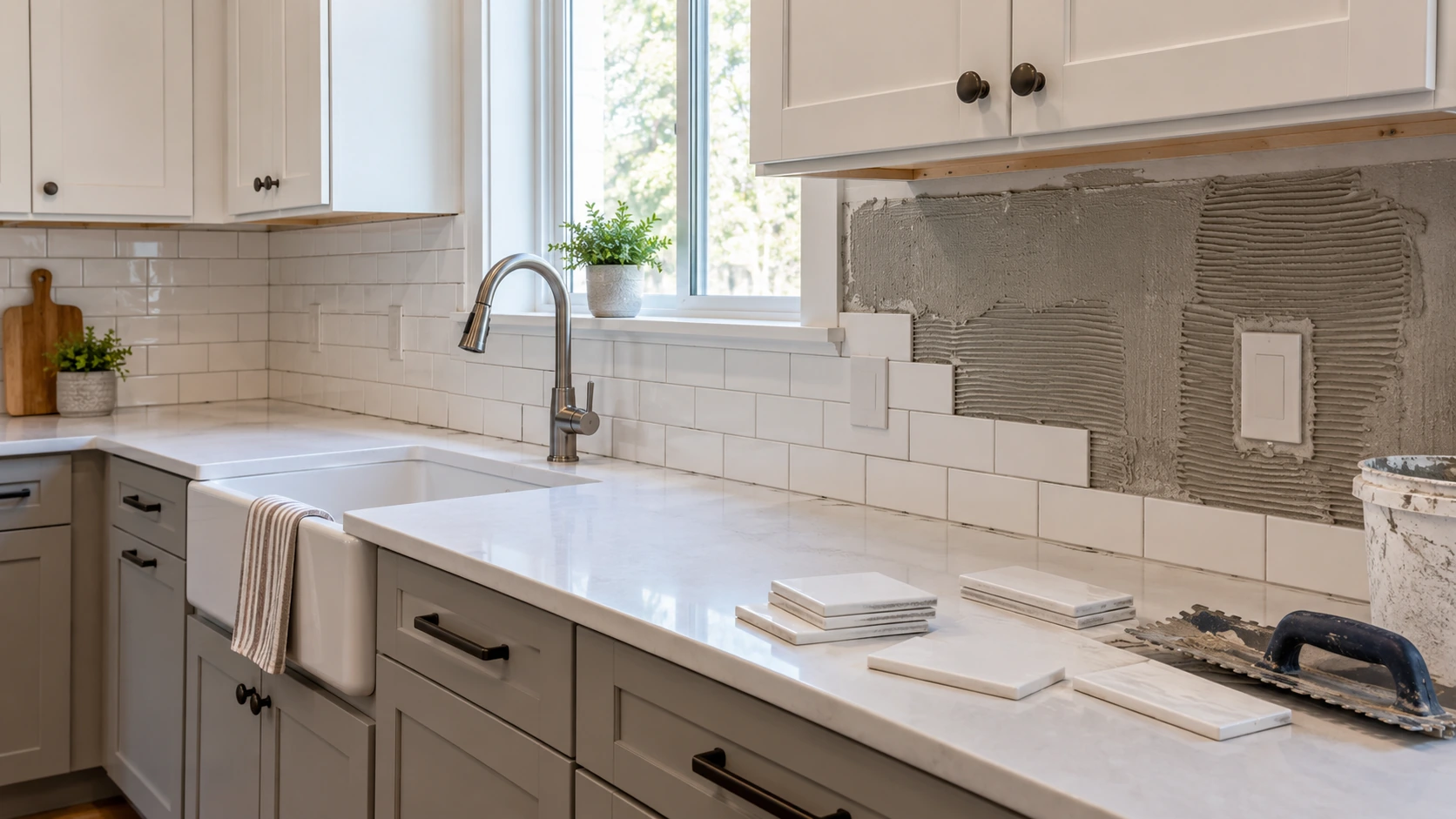 Partially tiled kitchen backsplash under upper cabinets with a window, countertop, and unbranded subway tile staged for planning.