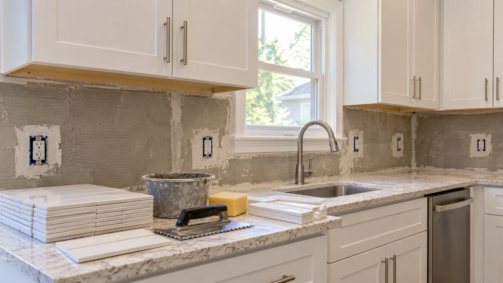Unfinished kitchen backsplash with separate wall sections, a window, and multiple small electrical-box cut locations visible above the countertop.