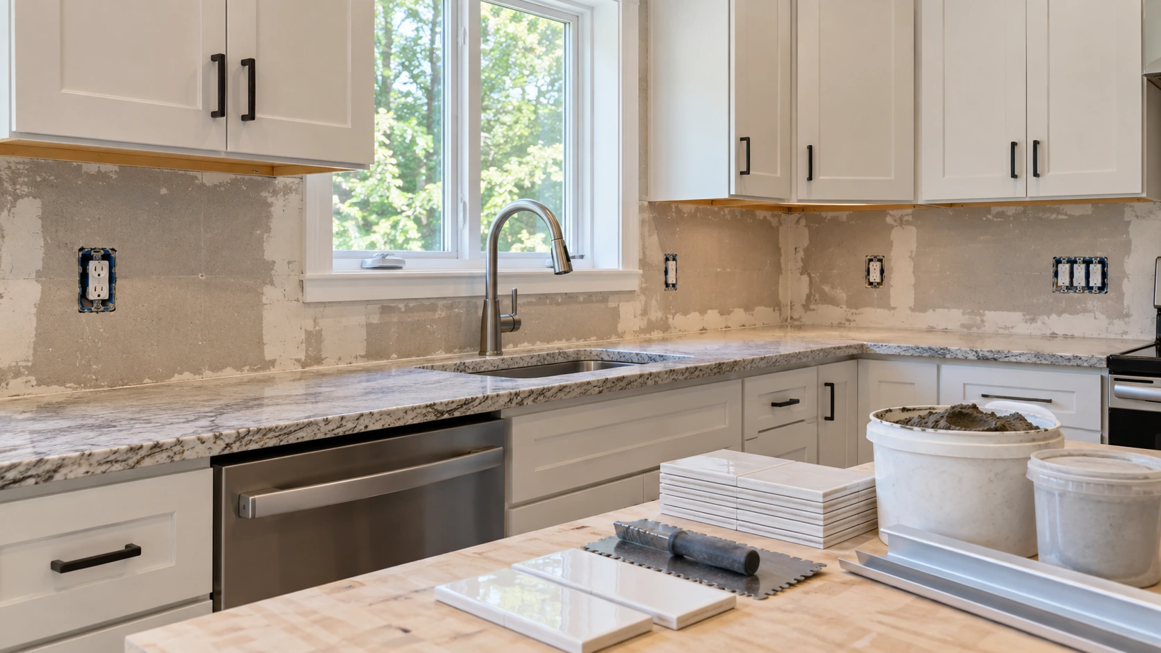Unbranded wall tile, setting material, grout container, edge trim, and tile tools staged separately on a kitchen work surface.