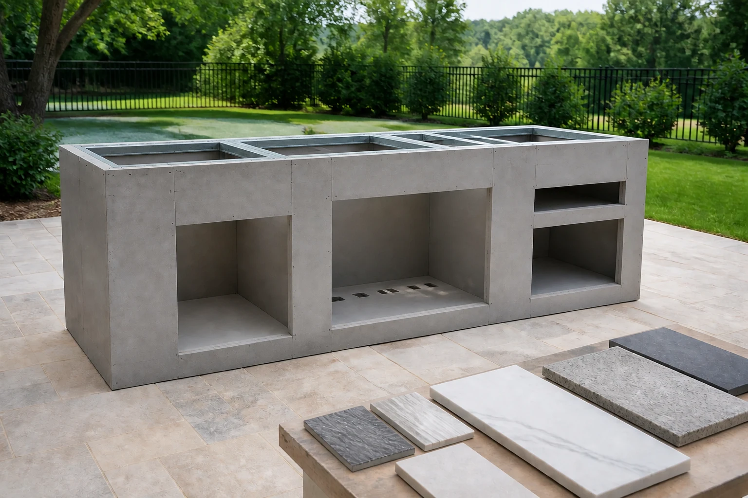 An unfinished noncombustible outdoor kitchen island has empty appliance openings and countertop samples arranged for planning in daylight.