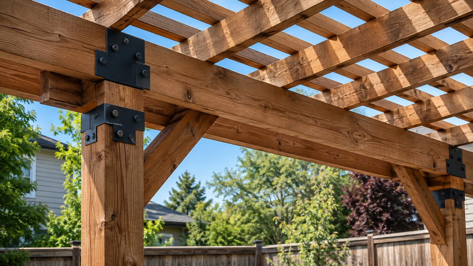 An open backyard pergola detail showing beams, rafters, shade slats, and exterior connector hardware in a realistic residential setting.
