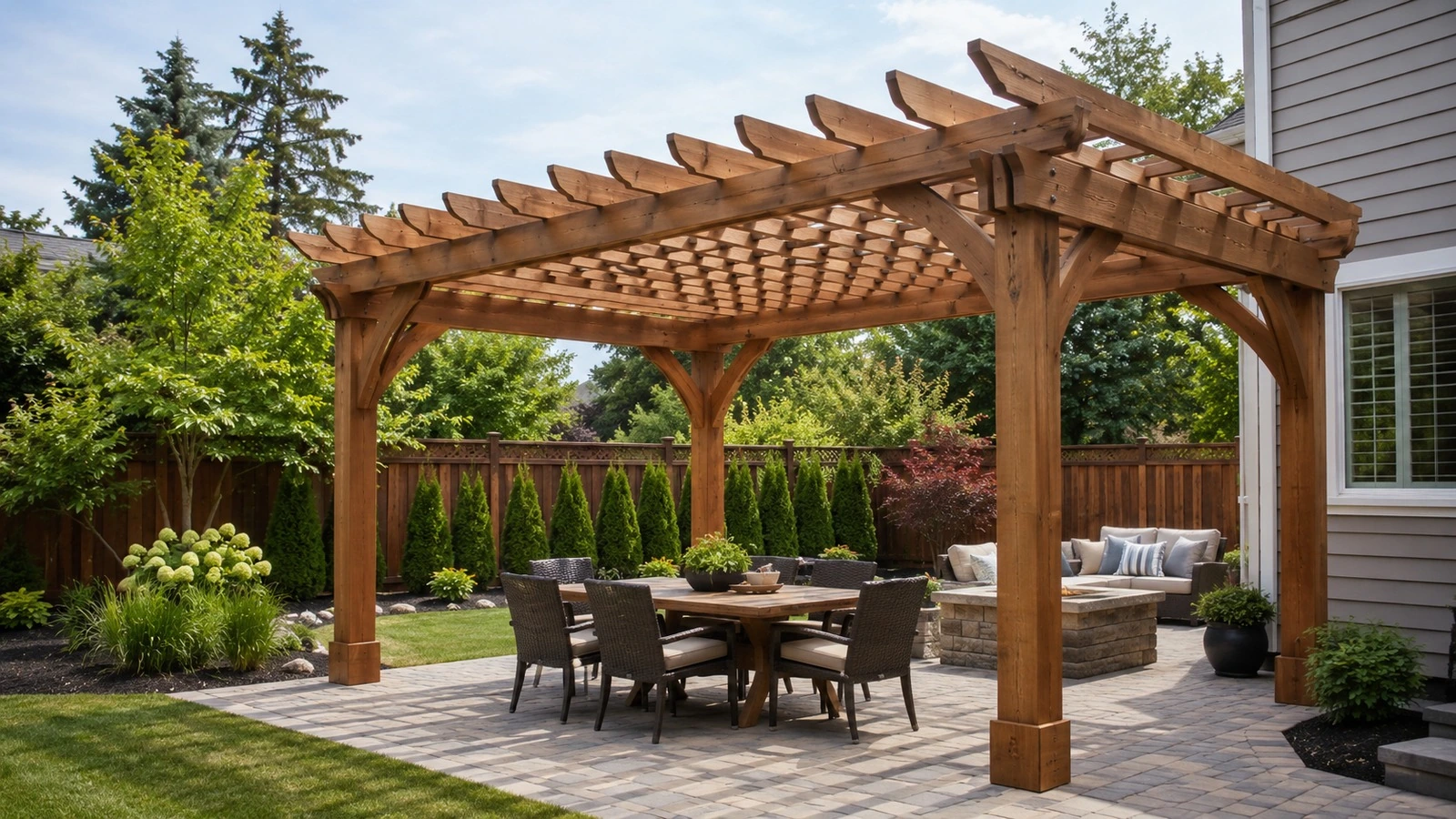 Open wood pergola in a North American backyard showing posts, beams, rafters, and spaced shade slats.