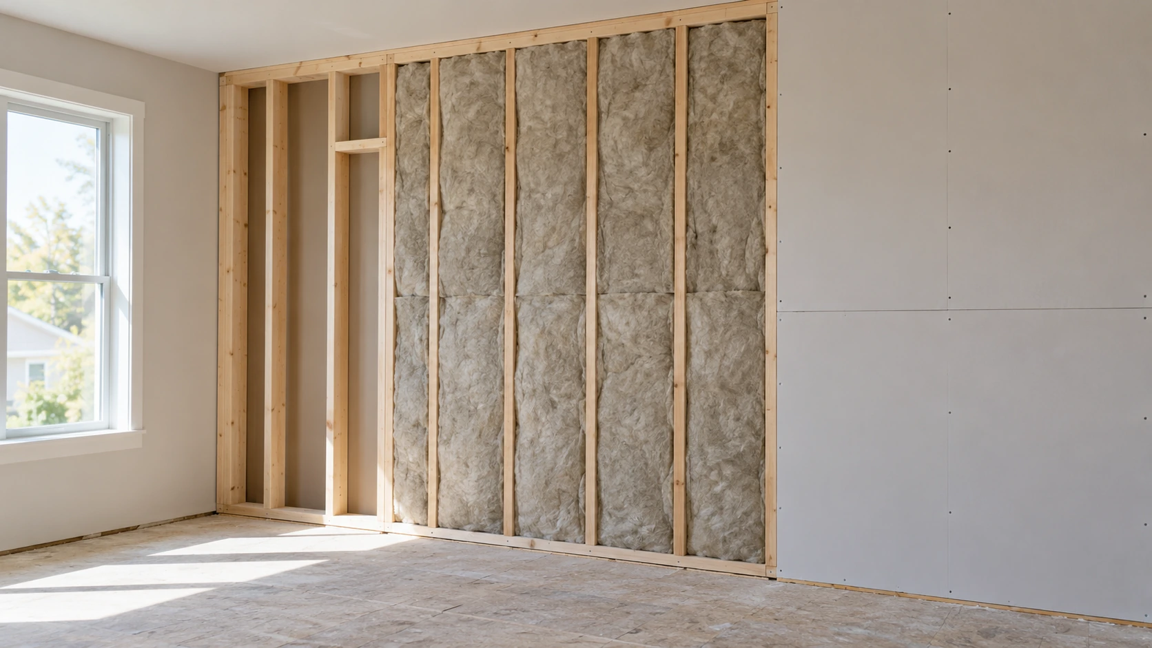 Un muro interior parcialmente aislado en una habitación iluminada, con una sección ya cubierta con drywall.
