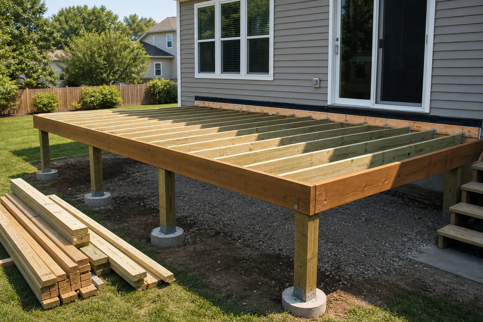 A residential backyard deck frame shows concrete footings, posts, joists, a house ledger, and staged lumber.
