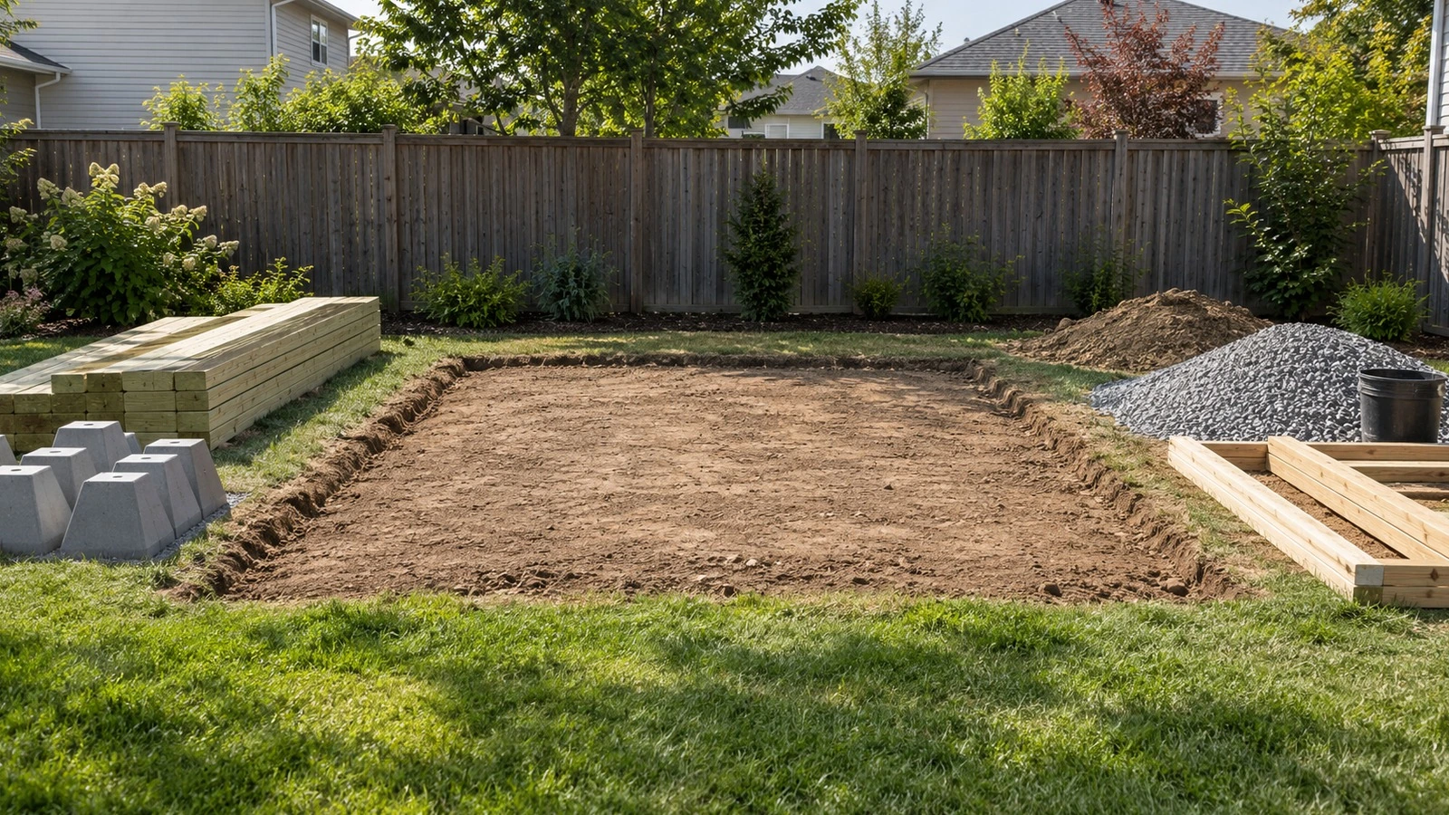 Backyard shed footprint prepared for a foundation decision, with skid lumber and support blocks staged on one side and slab-preparation materials on the other.