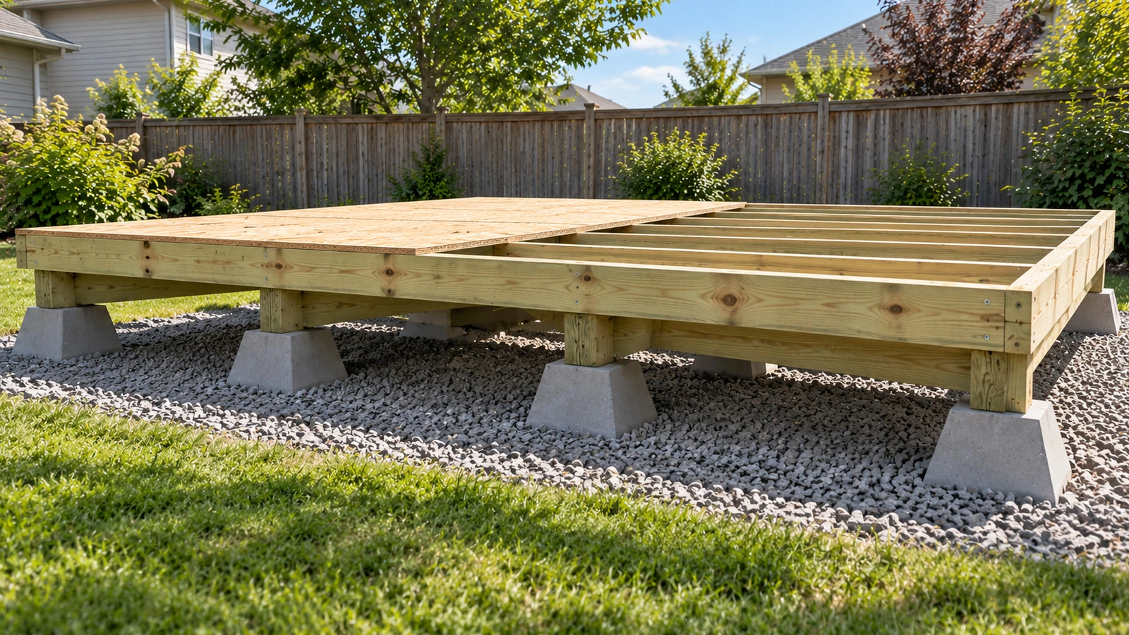 Raised shed floor built on multiple continuous pressure-treated skids over concrete support blocks, with joists crossing perpendicular above and partial subfloor installed.