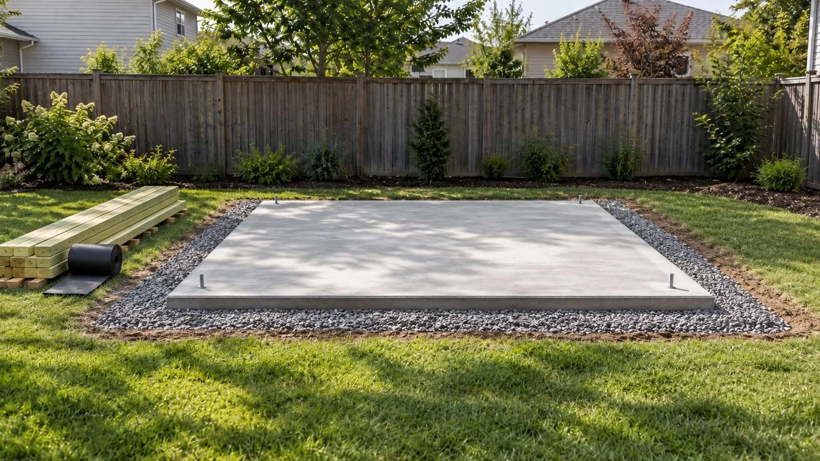 Cured slab-on-grade for a small shed, with sill boards and gasket material staged beside the slab.