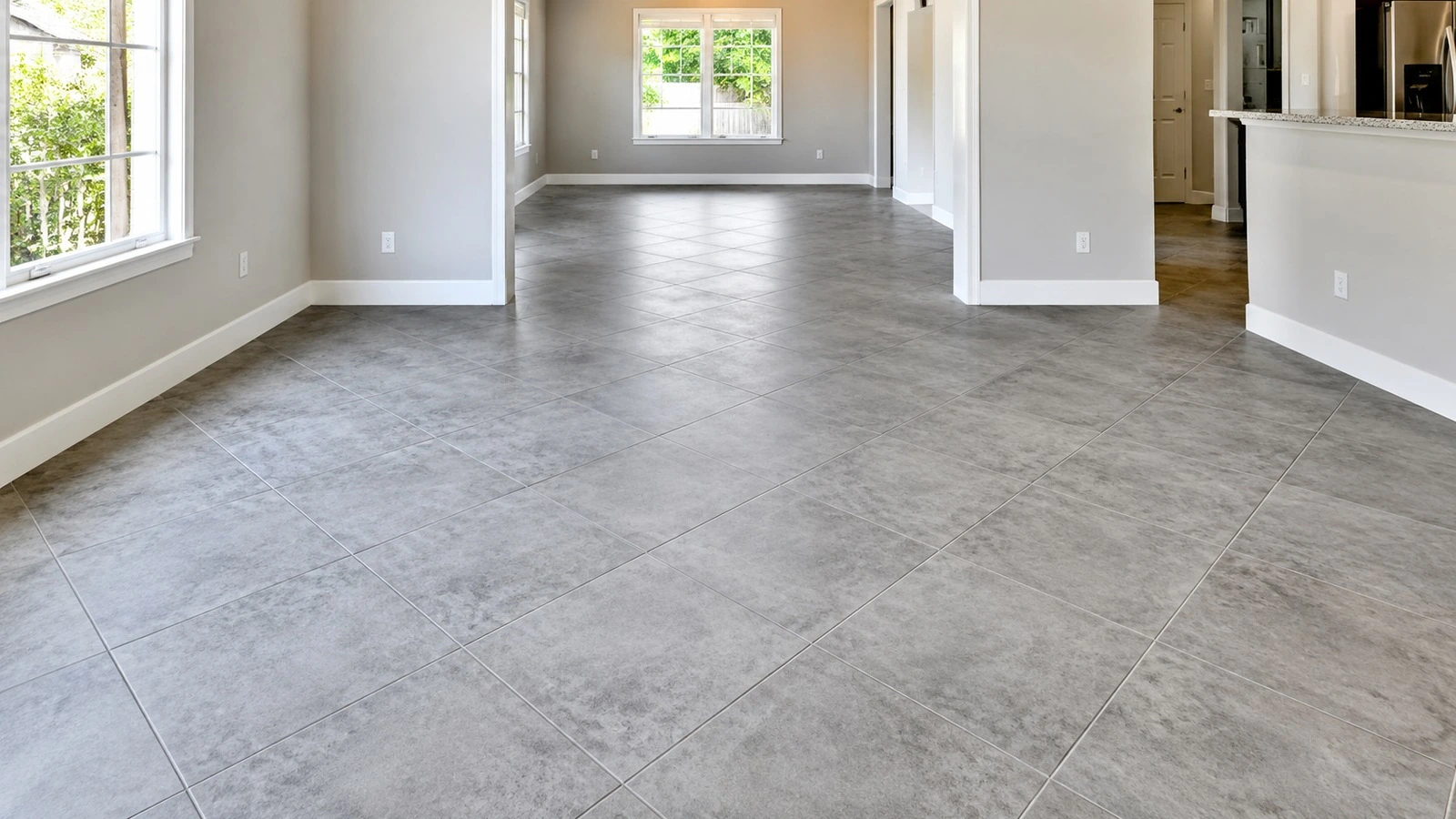 Finished residential floor tile laid on a diagonal in an unfurnished room, showing the rotated grid and perimeter cuts.