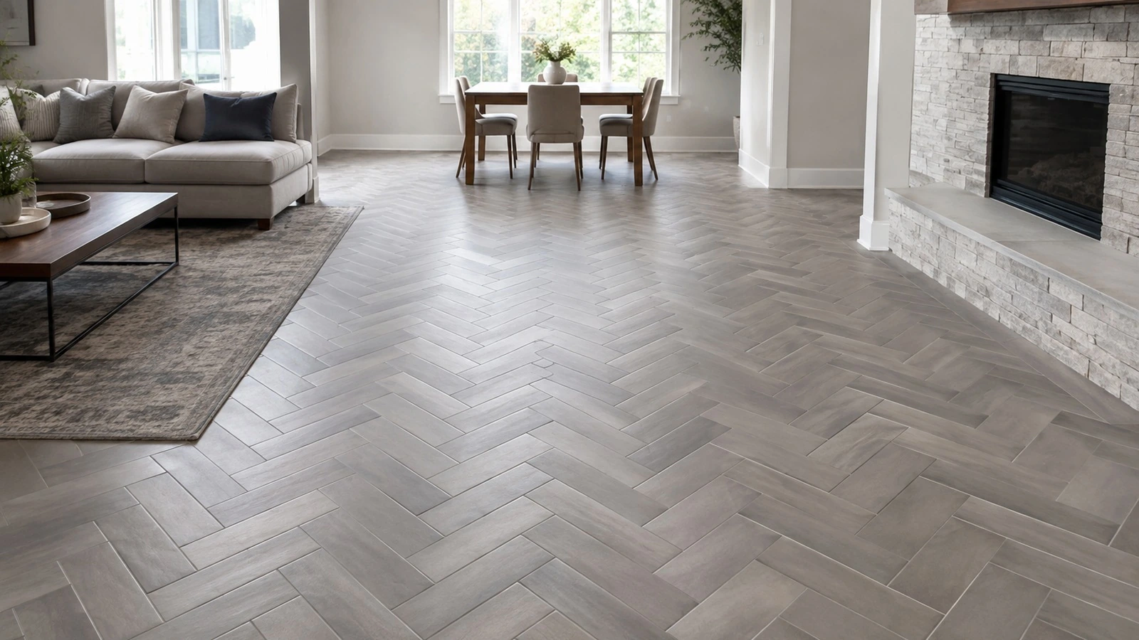 Finished residential herringbone tile floor in a bright North American living and dining space.