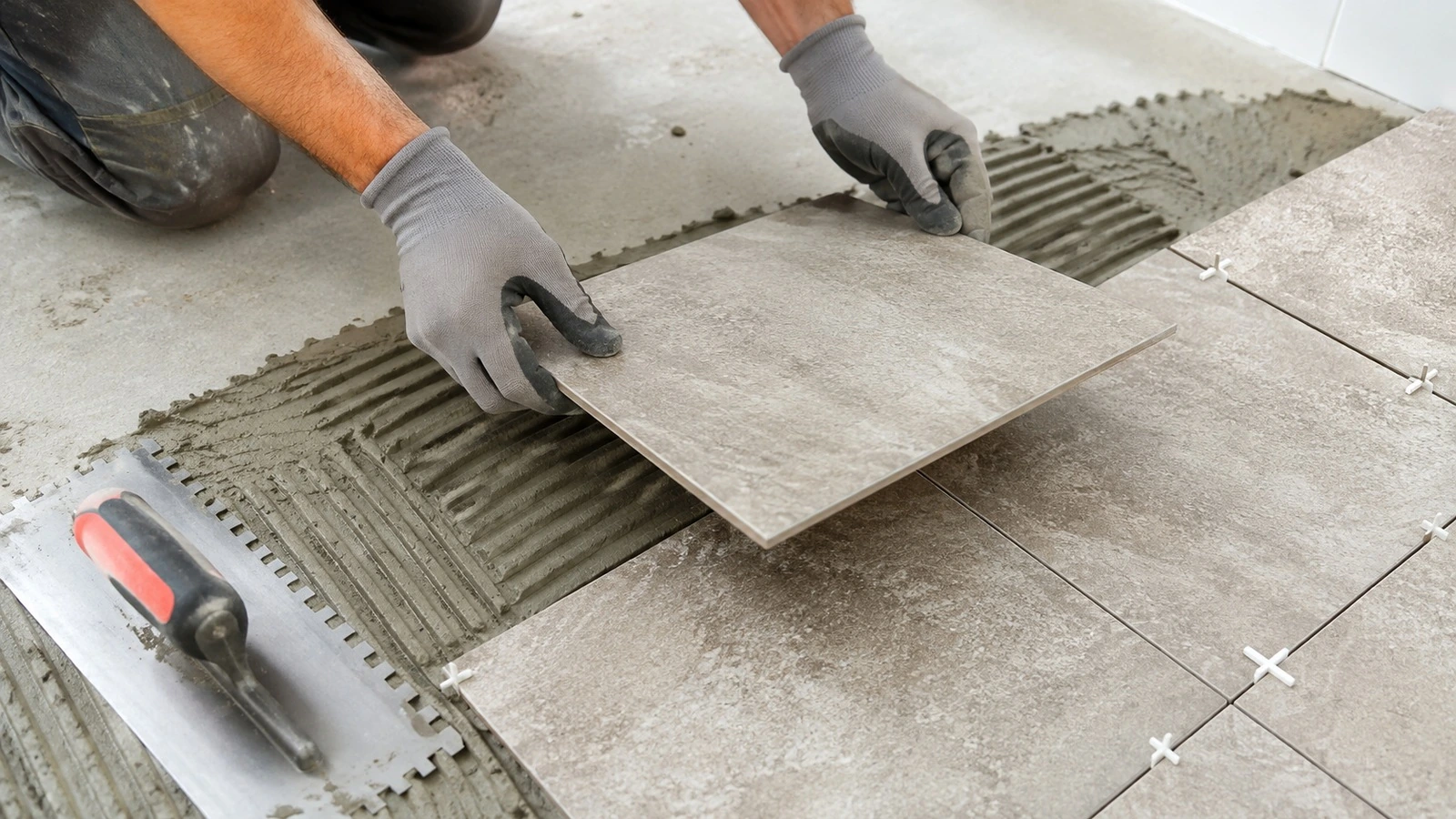 Tile-setting close-up with combed thinset mortar, tile spacers, a notched trowel, and gloved hands positioning a plain tile.