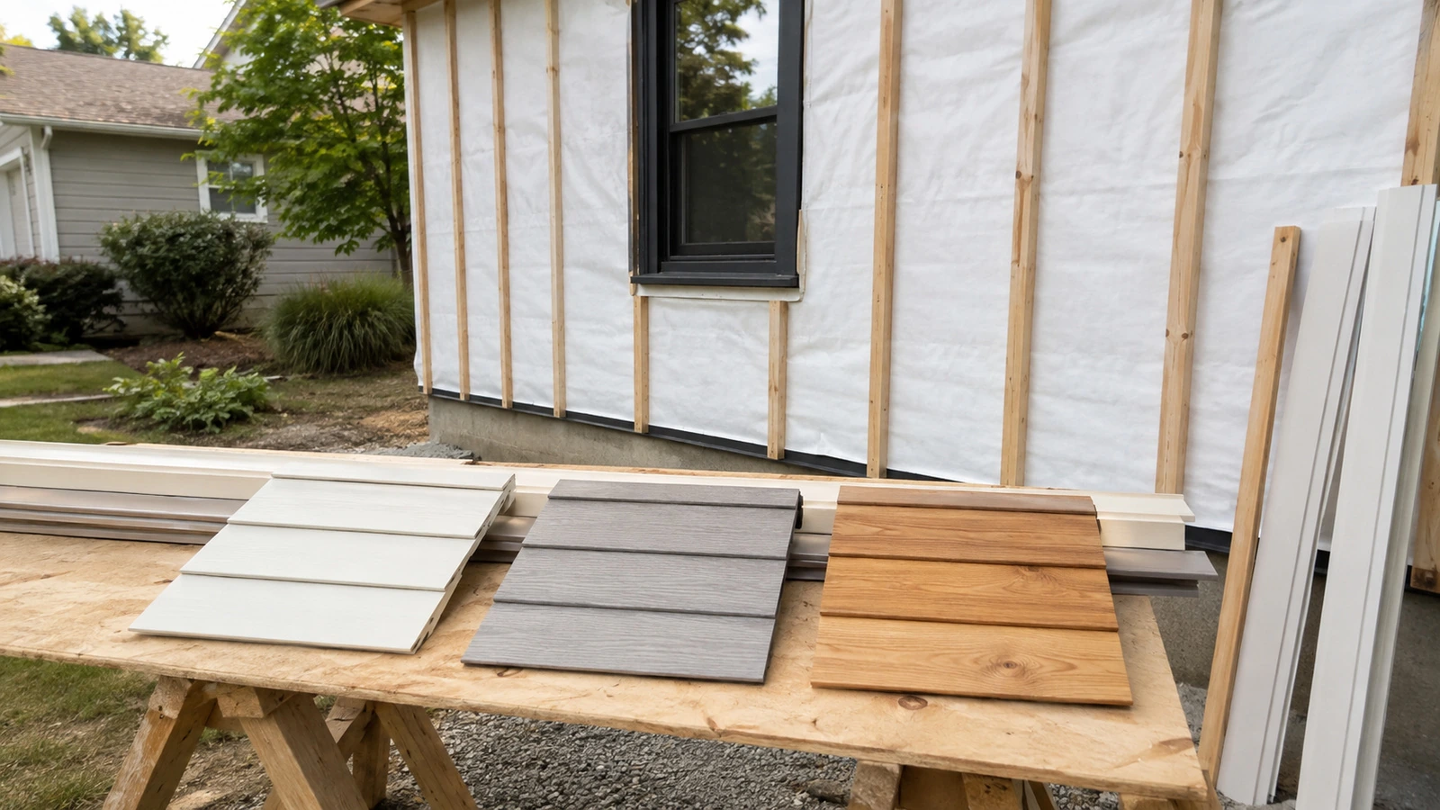 Mesa de trabajo exterior con tres muestras de revestimiento traslapado sin marca, frente a una pared con barrera climática y listones verticales.