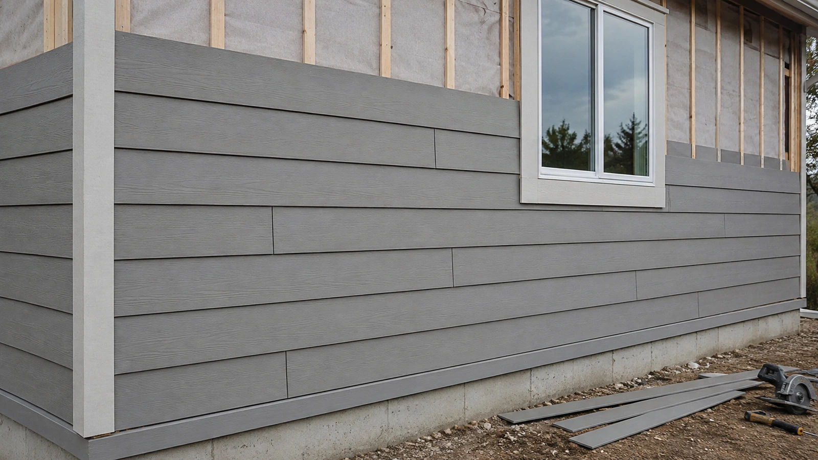 Revestimiento traslapado gris de fibrocemento en instalación sobre una pared, con juntas escalonadas, moldura de ventana y tablas sobrantes en el área de trabajo.