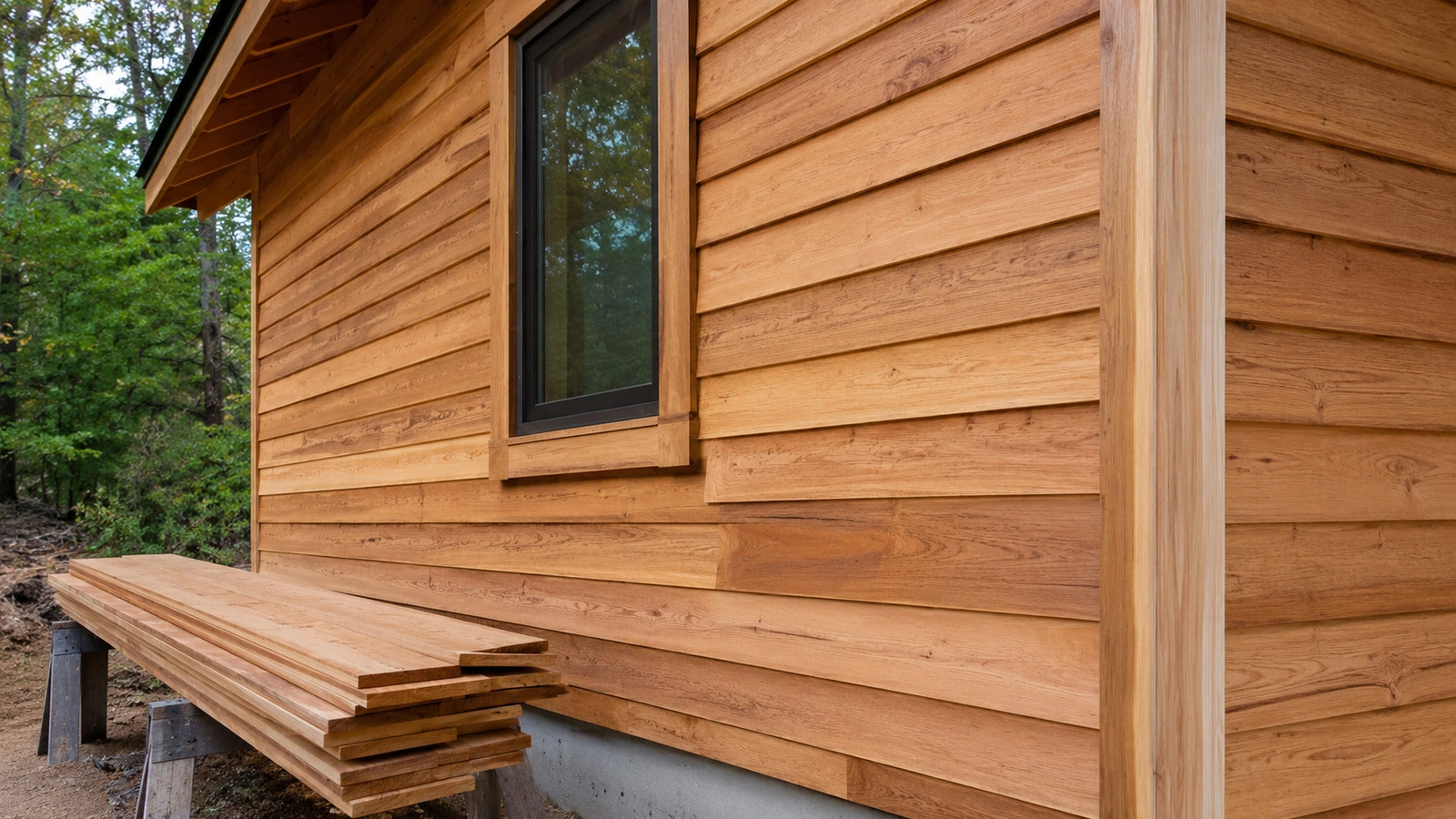 Revestimiento traslapado de madera natural en la pared de una casa pequeña, con tablas de madera apiladas sobre caballetes listas para instalar.