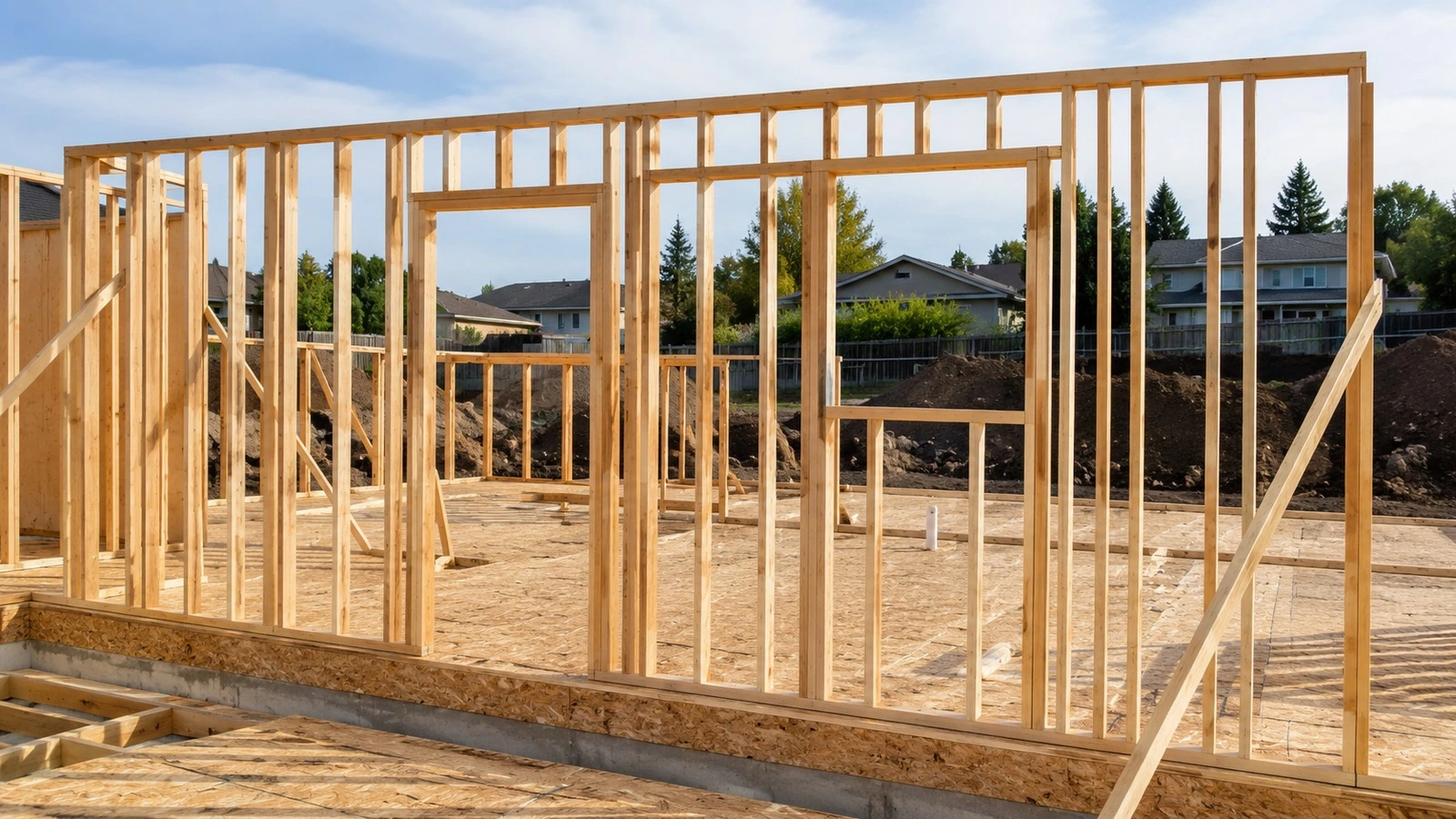 North American residential wall framing under construction with straight studs, plates, and framed door and window openings.